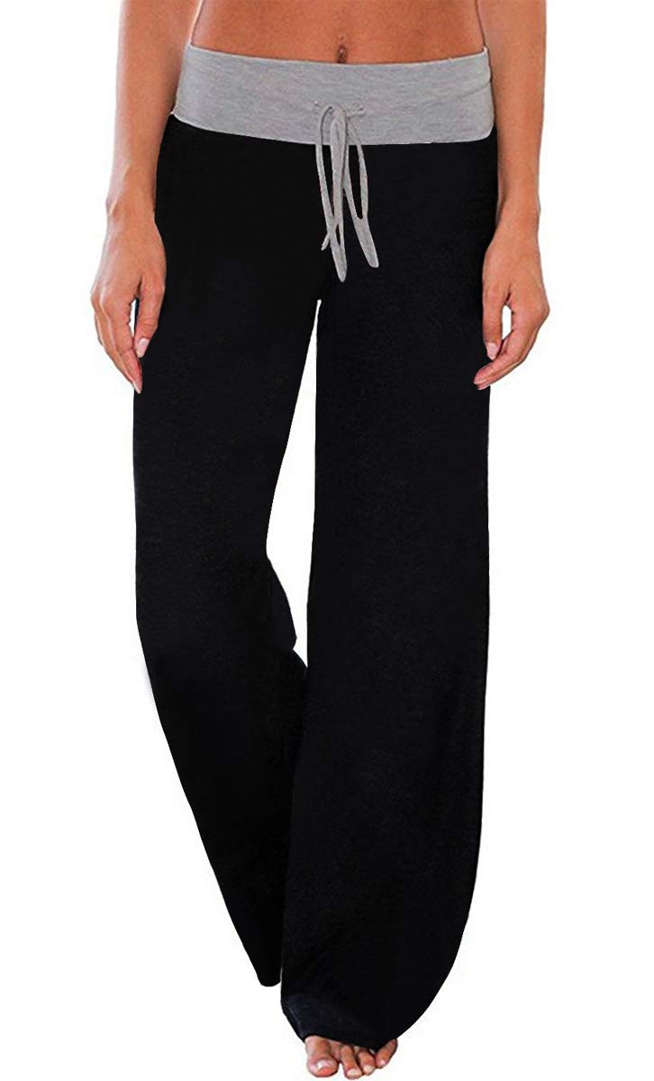 AMiERY Womens Pajamas High Waisted Pants Juniors Sleep Stretch Solid Wide Leg Pants Jogger Palazzo Lounge Pants Black S - Image 1